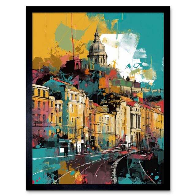 "Artery8 Wall Art Print Nottingham City Modern Multicoloured Cityscape Art Framed in Black - Size: W12"" x H16""" - image 1