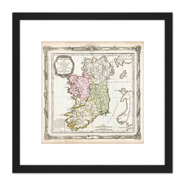 Artery8 Map Antique De La Tour 1766 Ireland Historic Replica 8X8 Inch Square Wooden Framed Wall Art Print Picture with Mount in Black - image 1
