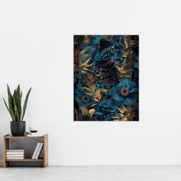 "Artery8 Elegant Cheetah With Blue Gold Jungle Flowers Wall Art Print in Dark Blue - Size: W18"" x H24""" - thumbnail 4