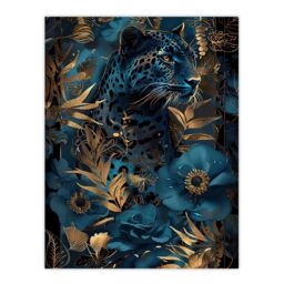 "Artery8 Elegant Cheetah With Blue Gold Jungle Flowers Wall Art Print in Dark Blue - Size: W18"" x H24""" - thumbnail 1