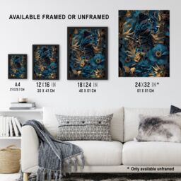 "Artery8 Elegant Cheetah With Blue Gold Jungle Flowers Wall Art Print in Dark Blue - Size: W18"" x H24""" - thumbnail 3