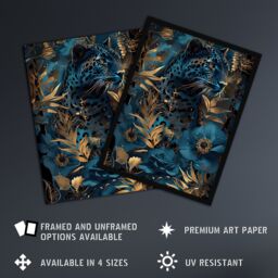 "Artery8 Elegant Cheetah With Blue Gold Jungle Flowers Wall Art Print in Dark Blue - Size: W18"" x H24""" - thumbnail 2