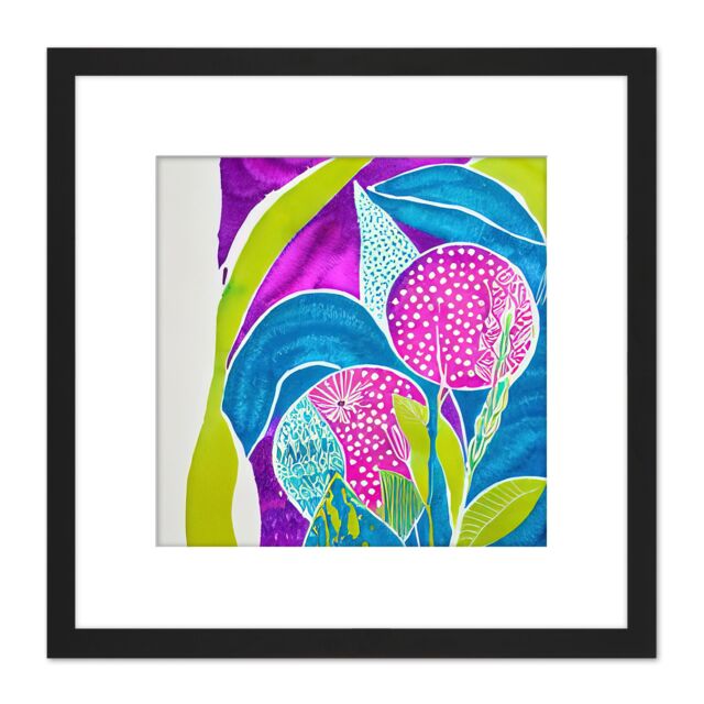 Artery8 Abstract Purple Green Blue Floral Illustration Bright & Colourful Square Wooden Framed Wall Art Print Picture 8X8 Inch in Black - image 1