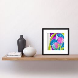 Artery8 Abstract Purple Green Blue Floral Illustration Bright & Colourful Square Wooden Framed Wall Art Print Picture 8X8 Inch in Black - thumbnail 2
