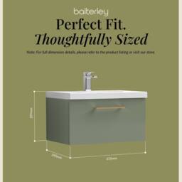 Balterley 600mm Wall Hung 1 Drawer Vanity Basin Unit, Satin Green, Copper Handle in Green - thumbnail 5