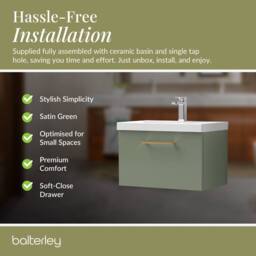 Balterley 600mm Wall Hung 1 Drawer Vanity Basin Unit, Satin Green, Copper Handle in Green - thumbnail 4