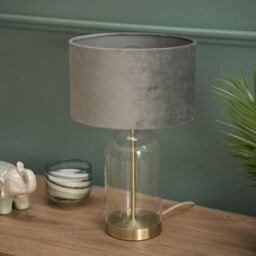 ValueLights Jessy Gold Glass Table Lamp With Grey Velvet Shade - thumbnail 3