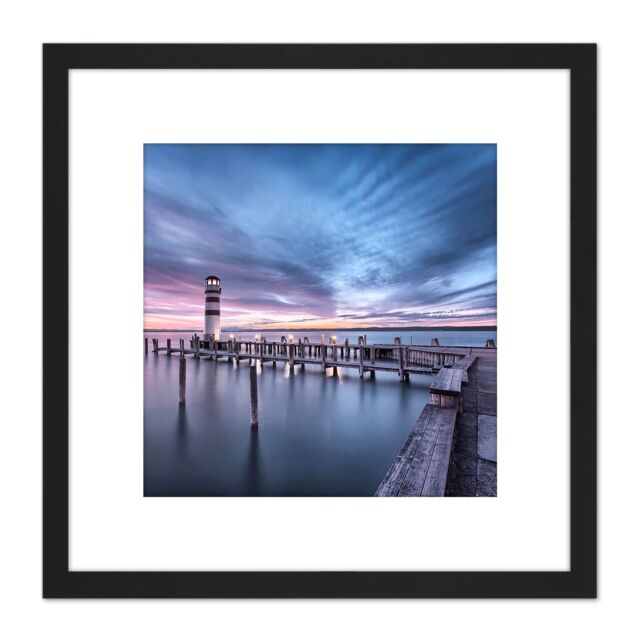 Artery8 DeSousa Lake Neusiedl Austria Sunset Lighthouse Photo 8X8 Inch Square Wooden Framed Wall Art Print Picture with Mount in Black - image 1
