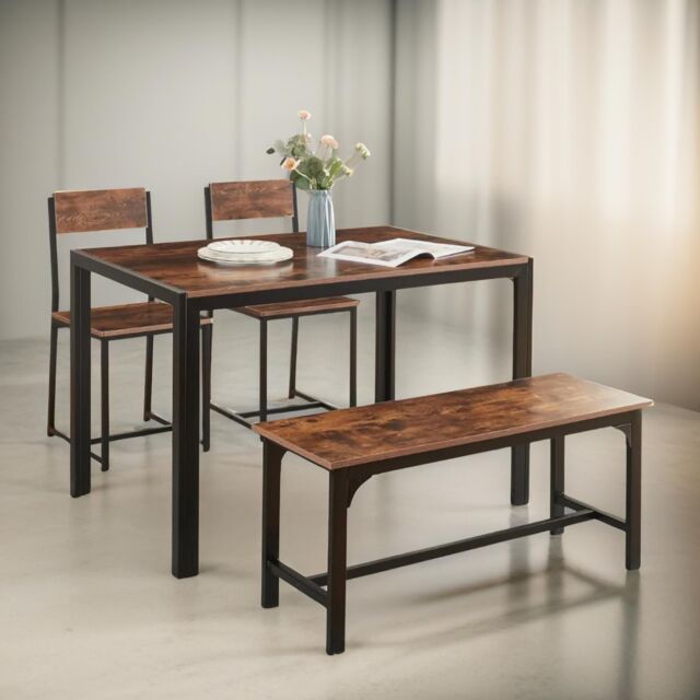 FURNOS Industrial Compact Dining Table With 1 Bench & 2 Chair Set in Brown - image 1