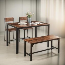 FURNOS Industrial Compact Dining Table With 1 Bench & 2 Chair Set in Brown - thumbnail 1