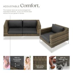 tectake Villanova Modular Rattan Set with Aluminum Frame, Set 1: 2-Seater in Dark Grey - Size: 3 Seater - thumbnail 3