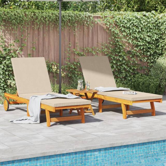 Berkfield Home Rolling Sun Loungers Set of 2 with Table & Cushion Made of Acacia Wood in Beige - image 1