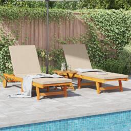 Berkfield Home Rolling Sun Loungers Set of 2 with Table & Cushion Made of Acacia Wood in Beige - thumbnail 1