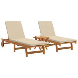 Berkfield Home Rolling Sun Loungers Set of 2 with Table & Cushion Made of Acacia Wood in Beige - thumbnail 2