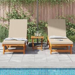 Berkfield Home Rolling Sun Loungers Set of 2 with Table & Cushion Made of Acacia Wood in Beige - thumbnail 3