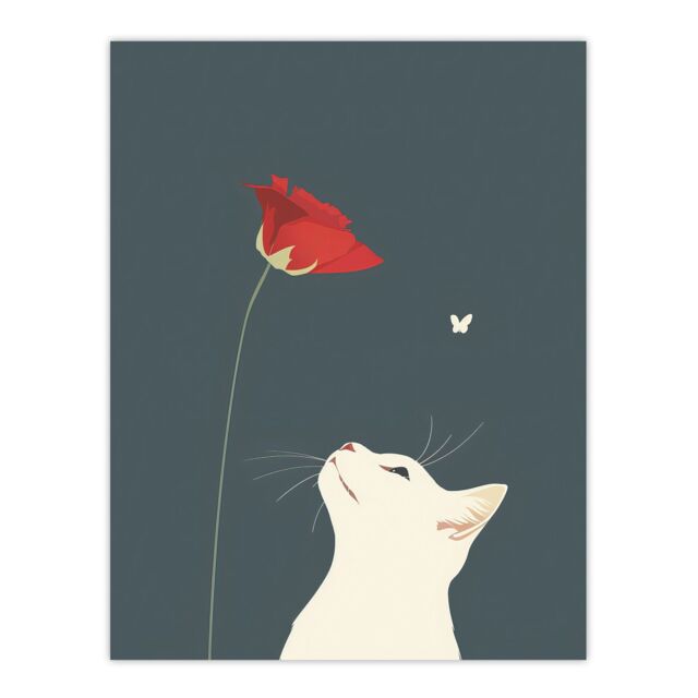 "Artery8 White Cat with Rose Butterfly Artwork Simple Cute Wall Art Print in Grey - Size: W24"" x H32""" - image 1
