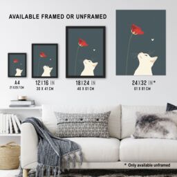 "Artery8 White Cat with Rose Butterfly Artwork Simple Cute Wall Art Print in Grey - Size: W24"" x H32""" - thumbnail 3