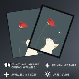 "Artery8 White Cat with Rose Butterfly Artwork Simple Cute Wall Art Print in Grey - Size: W24"" x H32""" - thumbnail 2