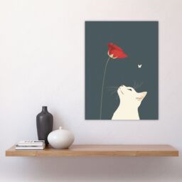 "Artery8 White Cat with Rose Butterfly Artwork Simple Cute Wall Art Print in Grey - Size: W24"" x H32""" - thumbnail 4
