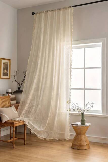 Living and Home 147cm W Set of 2 Lace Curtains for Window in Beige - Size: 160 cm - image 1