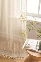 Living and Home 147cm W Set of 2 Lace Curtains for Window in Beige - Size: 160 cm - thumbnail 3