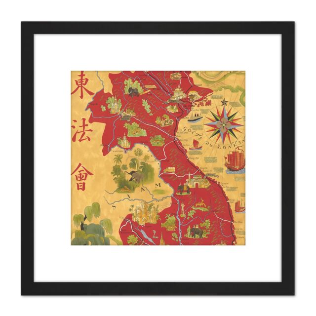 Artery8 Map Boucher 1945 Indochina Pictorial 8X8 Inch Square Wooden Framed Wall Art Print Picture with Mount in Black - image 1