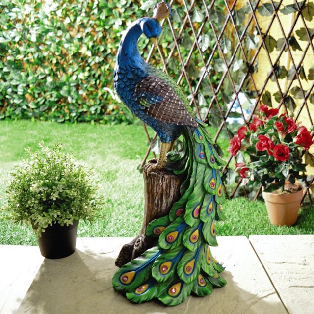 mysmartbuy Solar Peacock Ornament - Weatherproof Polyresin Outdoor Garden Decoration with Red LED Lights - H48cm x W21cm x D18cm - image 1
