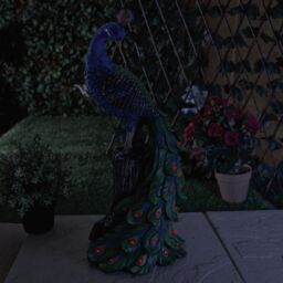mysmartbuy Solar Peacock Ornament - Weatherproof Polyresin Outdoor Garden Decoration with Red LED Lights - H48cm x W21cm x D18cm - thumbnail 3