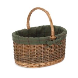 Red Hamper Wicker Lined Country Oval Shopping Basket in Green - Size: Small - thumbnail 2