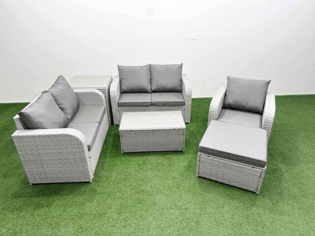 Fimous High Back Poly Rattan Garden Furniture Set w/ Reclining Chair Loveseat Sofa Rectangular Coffee Table Indoor Outdoor Patio Set Big Stool Side - image 1