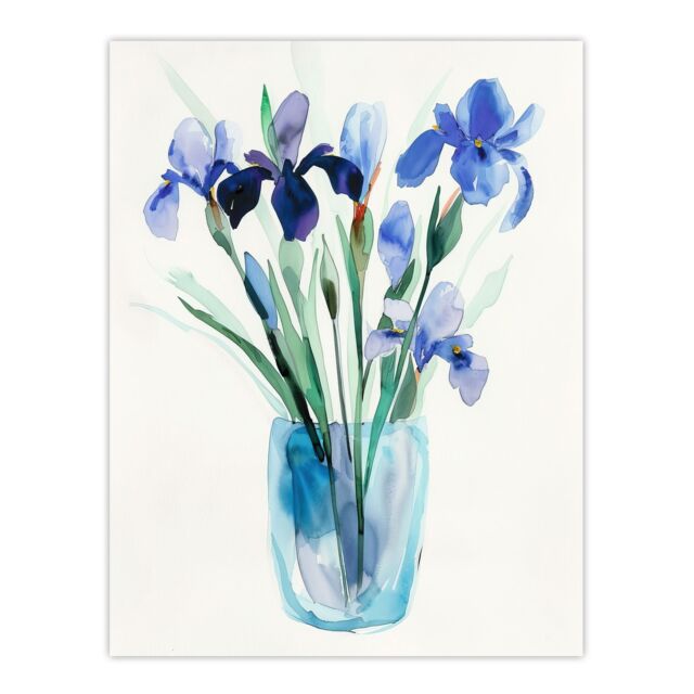 "Artery8 Blue Iris Flower Bouquet Vase Floral Watercolour Wall Art Print - Size: W24"" x H32""" - image 1