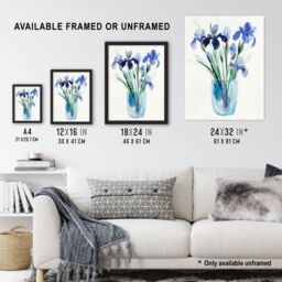 "Artery8 Blue Iris Flower Bouquet Vase Floral Watercolour Wall Art Print - Size: W24"" x H32""" - thumbnail 3