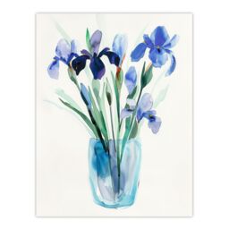 "Artery8 Blue Iris Flower Bouquet Vase Floral Watercolour Wall Art Print - Size: W24"" x H32""" - thumbnail 1