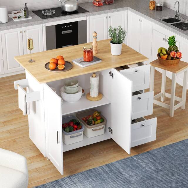Rolipo Drop Leaf Rolling Kitchen Island with Storage Drawers & Doors in White - image 1