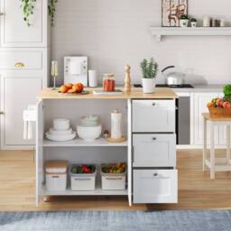 Rolipo Drop Leaf Rolling Kitchen Island with Storage Drawers & Doors in White - thumbnail 7