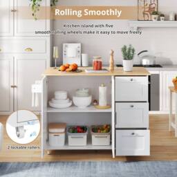 Rolipo Drop Leaf Rolling Kitchen Island with Storage Drawers & Doors in White - thumbnail 2