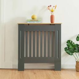 SPETLEK Modern Radiator Cover Wall Cabinet MDF Slats, Grey with Wood Top, S - thumbnail 1