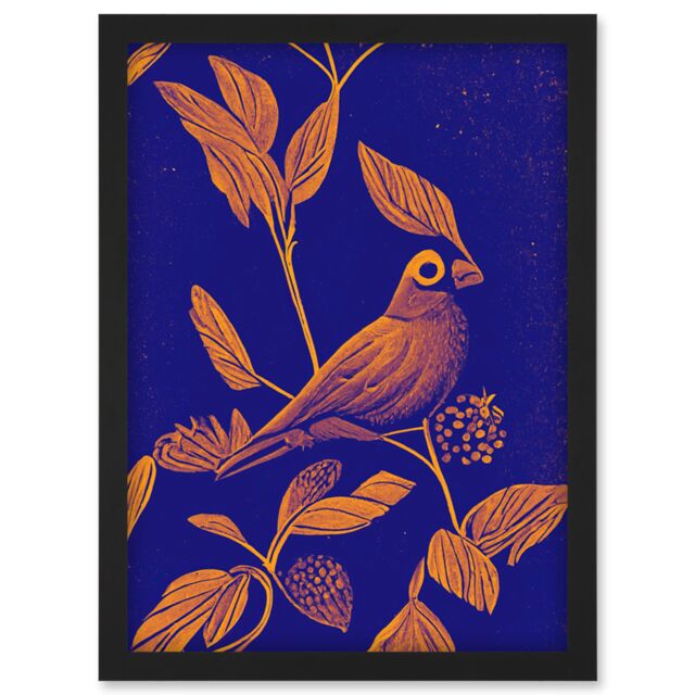 Artery8 Vintage Art Nouveau Pattern Detail Tropical Bird On Branch Linocut Illustration Artwork Framed Wall Art Print A4 in Black - image 1