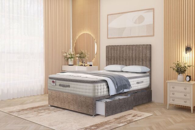 "Somnior Eleanor Tweed 2 Drawer Divan Bed Set with Pillowtop & 54"" Headboard in Brown - Size: King" - image 1