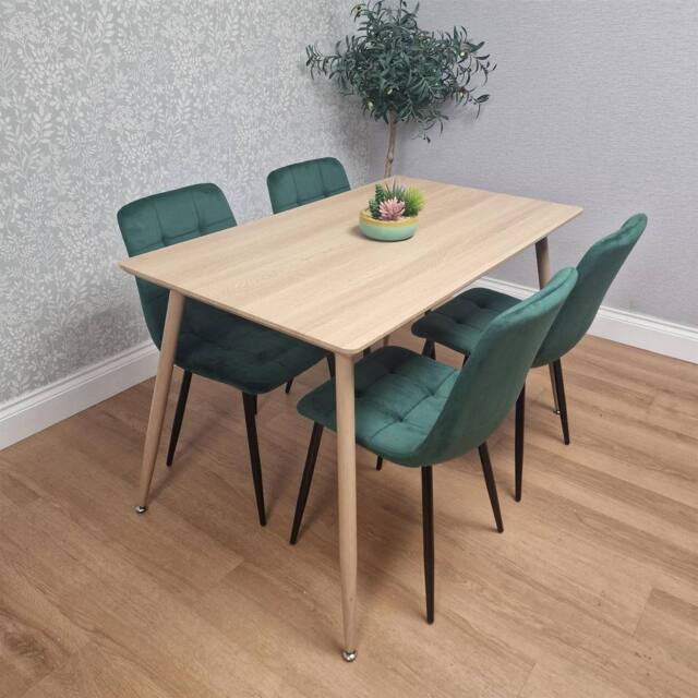 KOSY KOALA Table Set with 4 Green Velvet Chairs Kitchen Dining Furniture Set in Beige - Size: 120 cm x 70 cm - image 1