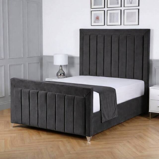 Living Comfort Bedz Elara Plush Velvet Upholstered Bed Slatted Base with 48Inch Headboard in Charcoal - Size: Single - image 1