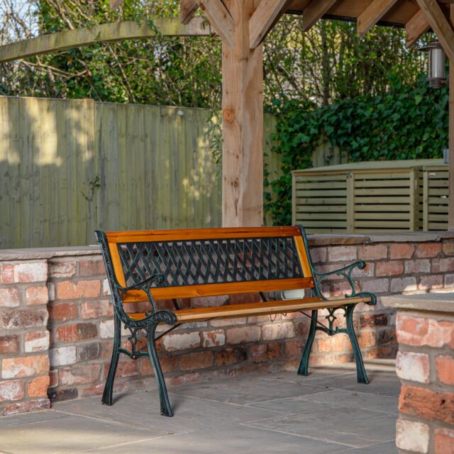 Samuel Alexander 2 Seater Outdoor Wooden Cast Iron with Lattice Design Garden Patio Bench in Brown