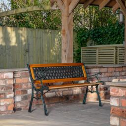Samuel Alexander 2 Seater Outdoor Wooden Cast Iron with Lattice Design Garden Patio Bench in Brown - thumbnail 1