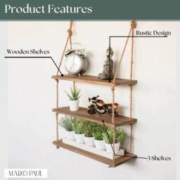 Marco Paul Wooden 3 Tier Hanging Shelves for Wall Floating Shelves Room Décor in Natural - thumbnail 3
