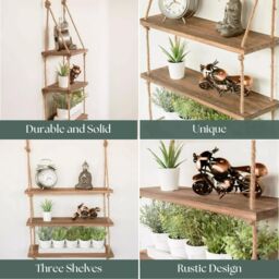 Marco Paul Wooden 3 Tier Hanging Shelves for Wall Floating Shelves Room Décor in Natural - thumbnail 4