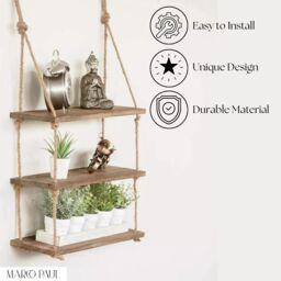 Marco Paul Wooden 3 Tier Hanging Shelves for Wall Floating Shelves Room Décor in Natural - thumbnail 5