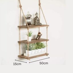 Marco Paul Wooden 3 Tier Hanging Shelves for Wall Floating Shelves Room Décor in Natural - thumbnail 2