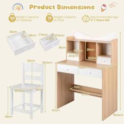 Costway Kids Study Desk & Chair Set Wooden Writing Table w/ Chair & 4 Drawers in Natural - thumbnail 2