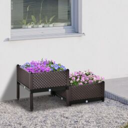 OUTSUNNY 2-Piece Raised Garden Bed Planter Box for Flowers, Vegetables, Herbs in Brown - thumbnail 1