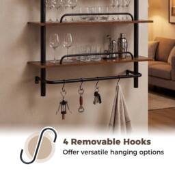 Costway 3-Tier Floating Display Shelves Wall Mounted Shelving w/4 Hooks in Dark Brown - thumbnail 4